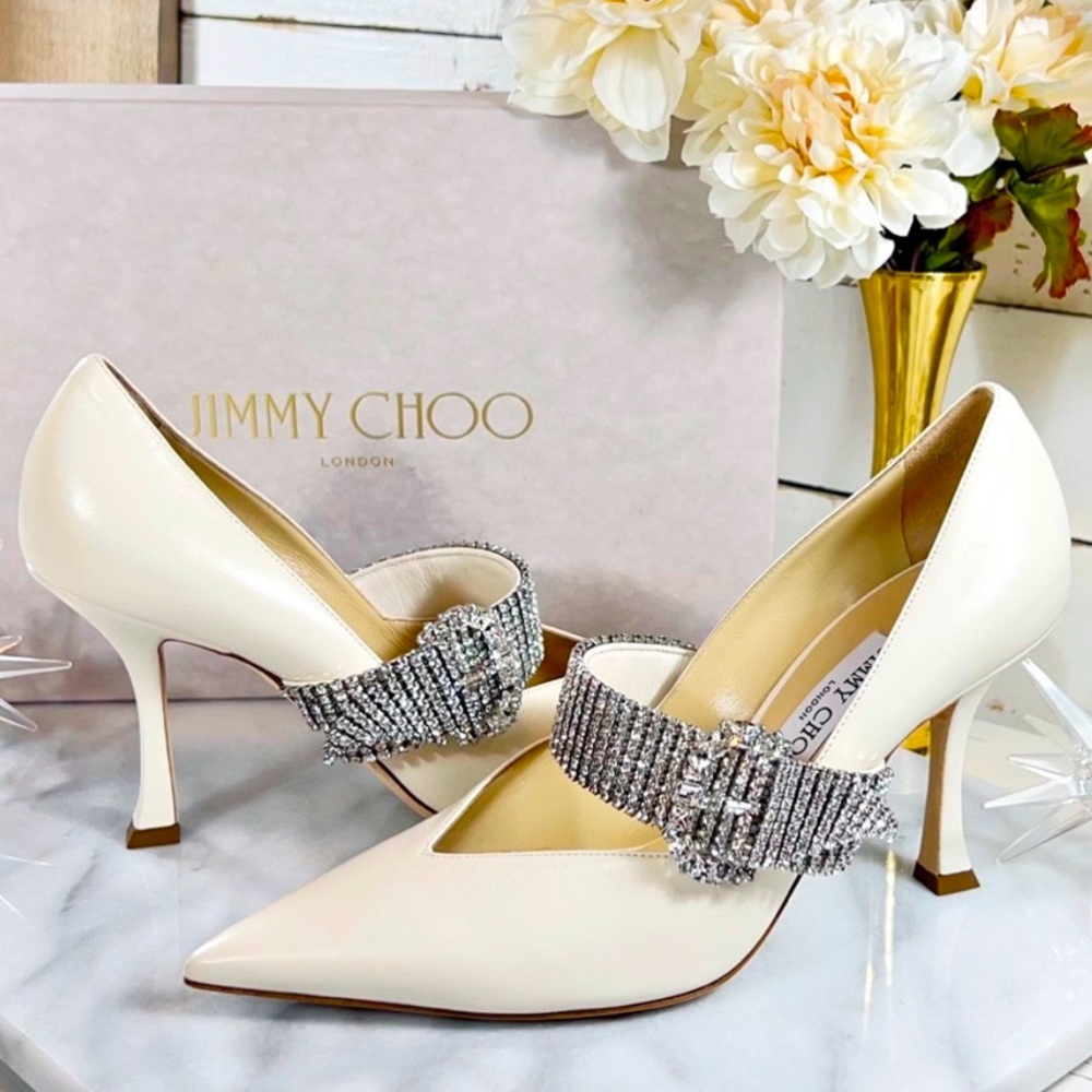Jimmy Choo “Kari” Heels in Ivory W/ Swarovski Crystal Buckles